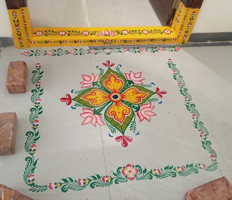 Contact no: 9177626503 Rangoli Painting On Floor Border, Rangoli Painting On Floor, Paint Rangoli Designs On Floor, Painting Rangoli Design, Gadapa Designs, Threshold Design, Rangoli Decoration, Rangoli Painting, Door Rangoli