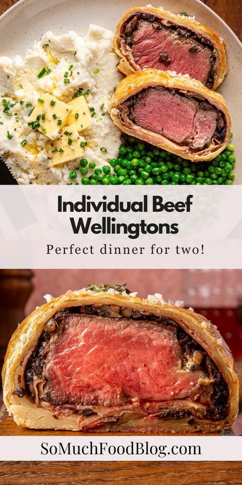 An elegant British classic–but make it for two! Beef Wellington is a show-stopping dish that is both impressive and delicious. Perfectly seared filet mignon wrapped in herby mushrooms and prosciutto baked in golden, flaky puff pastry. Mushroom Duxelle, Seared Filet Mignon, Easy Beef Wellington, Individual Beef Wellington, Mignon Steak, Epic Meal Time, Impressive Dinner, Beef Wellington Recipe, British Dishes