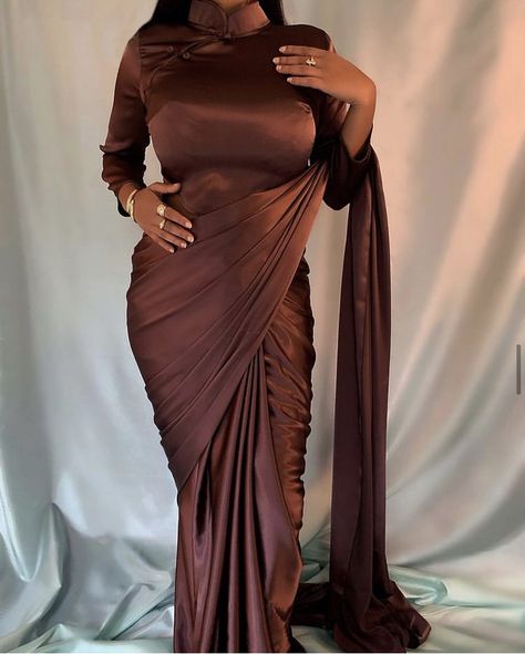 Brown Satin Saree, Pleated Saree, Chinese Cheongsam, Satin Saree, Brown Satin, Brown Silk, Lehenga Designs, Satin Top, Bridal Saree