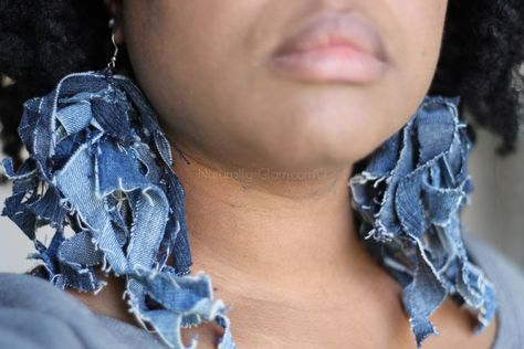 recycled denim earrings by Alodeuri...not a tut but looks easy enough to dupe Upcycle Earrings, Jeans Recycling, Shredded Jeans, Afrocentric Earrings, Denim Earrings, Black Hoops Earrings, Fabric Earrings, Beaded Tassel Earrings, Bold Earrings