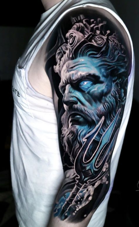 Cover Up Tattoos For Men, Greek God Tattoo, 30 Tattoo, Tiger Tattoo Sleeve, Colored Tattoo Design, Poseidon Tattoo, Zeus Tattoo, Egyptian Tattoo Sleeve, Last Kingdom