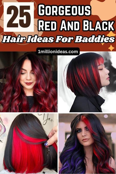 25 Gorgeous Red And Black Hair Ideas For Baddies Red Cherry Highlights On Black Hair, Dark Brown Hair With Red Halo, Black And Burgundy Hair Peekaboo, Red Dye On Dark Hair, 2 Tone Red Hair, Red Biolage Hair, Red Peek A Boo Hair, Dyed Hair Red And Black, Red On Top Black On Bottom Hair