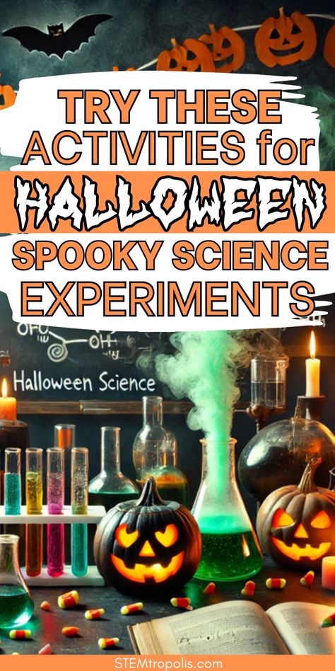 Looking for spooky science fun this October? Try our Halloween science experiments for kids! These Halloween STEM challenges and spooky STEM activities are perfect for preschool through elementary. Engage students with classroom experiments that combine science with Halloween fun. Ideal for Halloween classroom activities or party fun, these STEM October activities make science exciting and memorable. Don't miss out on these fun Halloween science activities for kids! 🎃👻 Halloween Preschool Science Experiments, Spooky Science Experiments For Kids, Party Science Experiments, Halloween Experiments For Kids, Halloween Stem Activities For Kids, Fall Science Experiments For Kids, Halloween Science Experiments For Kids, Classroom Experiments, Halloween Stem Challenge