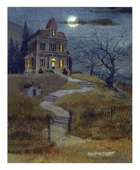 Lewis Barrett Lehrman's "The House on Haunted Hill," from his web site The Haunted Studio. Vintage Halloween Cards, House On Haunted Hill, Imprimibles Halloween, Scary Houses, Spooky House, Halloween Artwork, Halloween Painting, Halloween Haunted Houses, Halloween Images