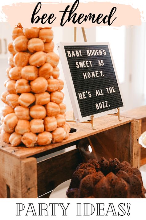 Happy First Bee Day Birthday Parties, Honey Bee Baby Shower Ideas Boy, Bee Themed Snacks Parties Food, Donut Beehive, Sweet As Can Bee Baby Shower Ideas, Bee Party Food Ideas, Bee Shower Theme, Hexagon Backdrop, Bee Day Party