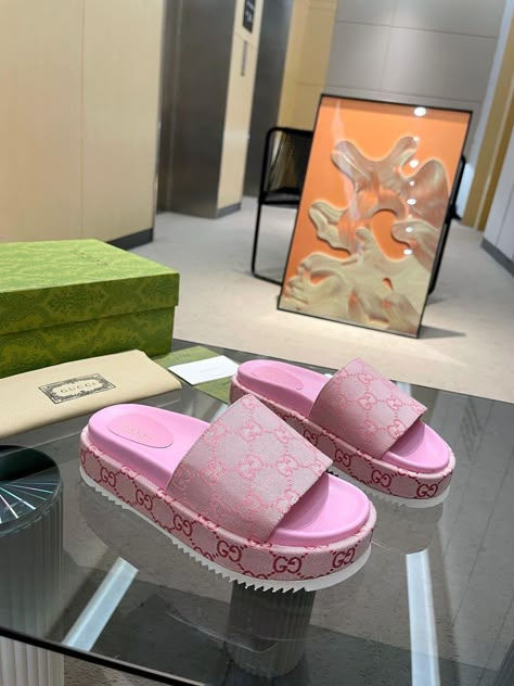 Pink Gucci Slides, Cute Slides, Pretty Sneakers, Gucci Shoes Sneakers, Goal List, Designer Slides, Pretty Sandals, Trendy Shoes Sneakers, Pretty Shoes Sneakers