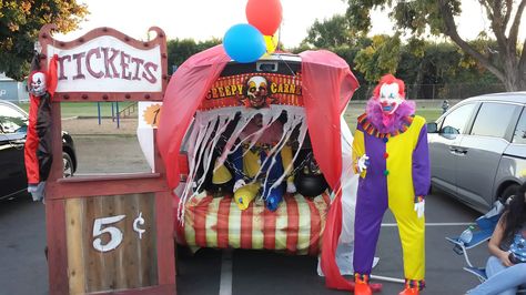 TRUNK OR TREAT - Good n Evil Clowns! Scary Carnival Trunk Or Treat Ideas, Pennywise Trunk Or Treat Ideas For Cars, Clown Trunk Or Treat Ideas For Cars, Haunted Carnival Trunk Or Treat, Scary Clown Trunk Or Treat Ideas, Clown Trunk Or Treat Ideas, Trunk Or Treat Clown Theme, Trunk Or Treat Circus Theme, Creepy Carnival Trunk Or Treat