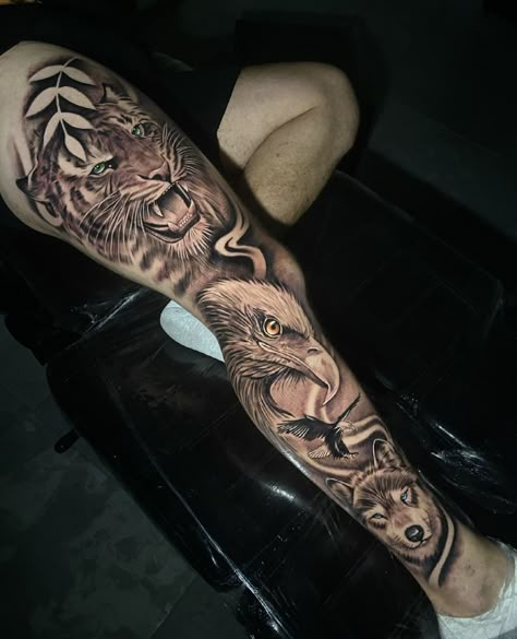 Jungle Themed Leg Sleeve Tattoo, Tiger Leg Sleeve Tattoo Men, Elephant Lion Tattoo Sleeve, Tiger Leg Sleeve, Jungle Leg Sleeve Tattoo, Animal Leg Sleeve Tattoo, Animal Leg Sleeve, Isaiah Tattoo, Calf Tattoo Ideas