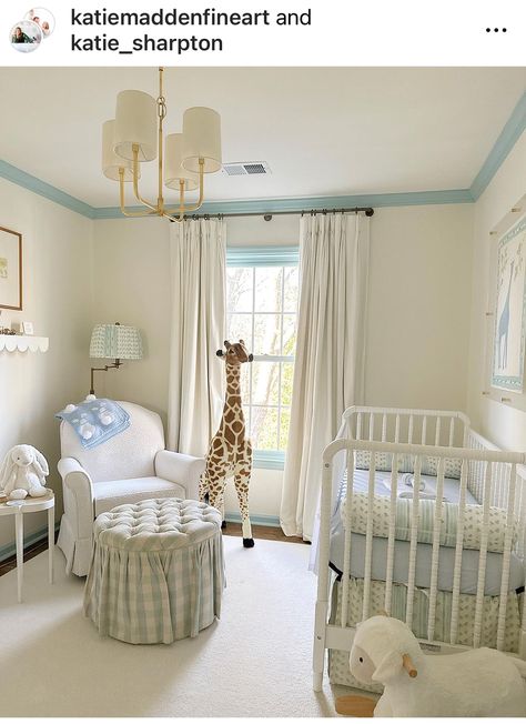 Gender Neutral Grandmillenial Nursery, Nursery With Painted Trim, Crib By Window, Blue Trim Nursery, Grandmillenial Nursery Decor, Nancy Meyers Nursery, Grandmillennial Nursery, Blue And White Nursery, Classic Boy Nursery