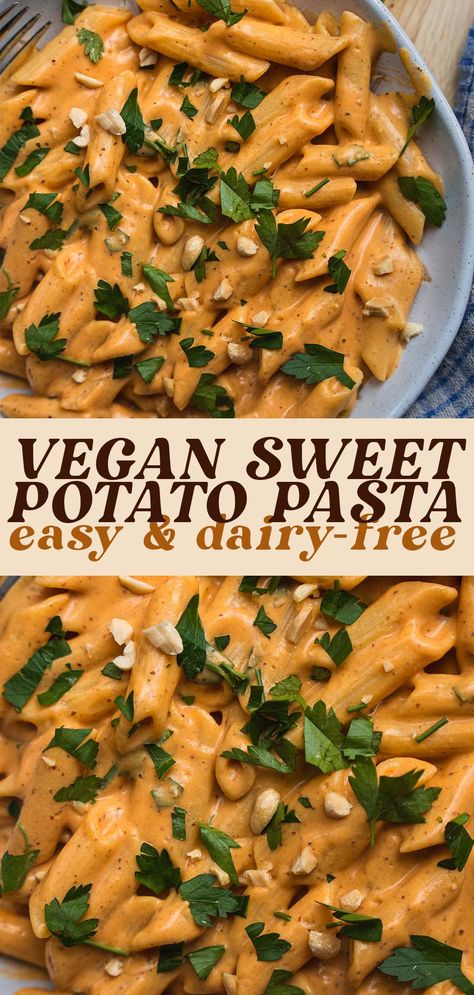 Sweet Potato Pasta Recipe, Sweet Potato Pasta Sauce, Luteal Phase Recipes, Vegan Sweet Potato Recipes, Sweet Potato Sauce, Sweet Potato Pasta, Sweet Potato Dinner, Dairy Free Pasta, Potato Dinner