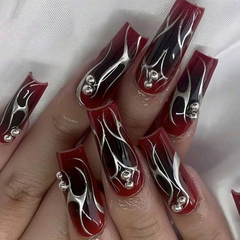 Nib. 24 Piece Nail Set Black And Red Designs With Rhinestones. Ongles Goth, Acrylic Nail Set, Ombre Acrylic Nails, Goth Nails, Halloween Nail Designs, Silver Nails, Nail Extensions, Artificial Nails, Nail Accessories