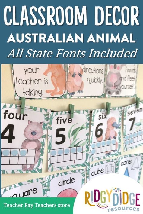 Looking to setup your classroom displays the easy way this year? With over 200 pages of printable fun, this Eucalyptus and Australian Animal Themed Classroom Decor featuring font options for all Australian States, is jam-packed full of value, effortlessly easing you into the start of a new school year! Animal Themed Classroom, Prep Classroom, Themed Classroom Decor, Complex Numbers, Australia Animals, Shape Posters, Math Test Prep, Number Poster, Math Test