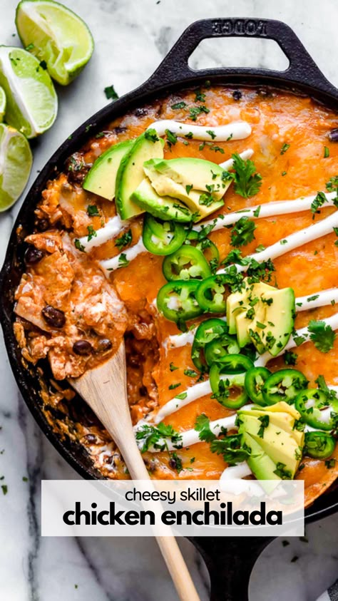 Cheesy Rotisserie Chicken Enchilada Skillet dinner is about as fast as enchiladas can get, and that’s because it’s not really enchiladas—it’s a tortilla casserole made all in one cooking vessel. #chicken #enchilada #onepot #skillet One Pot Low Carb Chicken Enchilada Skillet, Rotisserie Chicken Enchiladas, Enchilada Skillet, Chicken Enchilada Skillet, Tortilla Casserole, Beach Bod, Cheesy Chicken Enchiladas, Homemade Enchiladas, Chicken Enchilada Casserole