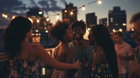 Evening Rooftop Party: #Friends gather for a joyful #rooftopparty, enjoying each other's company under a city's #twilightvibes. #citylife #aiart #aiphoto #stockcake ⬇️ Download and 📝 Prompt 👉 https://stockcake.com/i/evening-rooftop-party_712297_918147 Terrace Party, Party Image, Moon Texture, Sunset Party, Rooftop Party, City Cartoon, Purple Sunset, Space Artwork, Friends Gathering