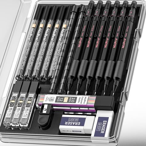 Nicpro 27PCS Art Mechanical Pencils Set in Case, Metal Drafting Pencil 0.5, 0.7, 0.9 mm & 2mm with 13 Tube Lead Refills(4B 2B HB 2H 4H Colors) Weatherproof Barrel for Outdoor Writing Drawing Sketching Nicpro Mechanical Pencil, Mechanical Pencil Sketch, Pen Stationary, Drafting Pencil, Drafting Drawing, Mechanical Pencil Lead, Stationery Obsession, Art Studio Room, Study Stationery