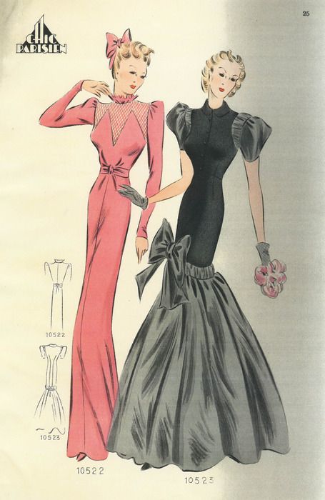 1940s sewing pattern evening gown long dress formal party black pink satin rayon tulip sheath full skirt bow puff sleeves late 30s war era color illustration print ad vintage fashions style Early 1930s Fashion, 1940s Dresses Formal Evening Gowns, 1940s Long Dress Evening Gowns, 1940 Evening Gowns, 1940 Evening Dress, 1930 Evening Wear, 1930’s Womens Evening Dresses, Skirt Bow, Late 30s