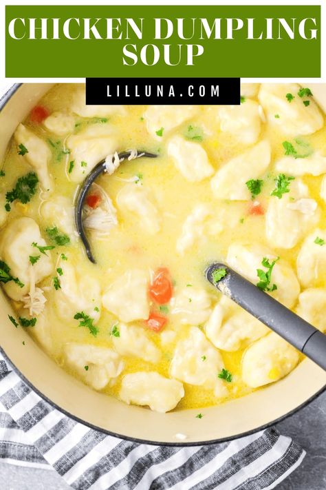 This simple, delicious chicken dumpling soup is filled with chunks of chicken and pieces of biscuit, along with your favorite veggies! #chickendumplingsoup #chickenanddumplings #chickenandbiscuit #chickensoup #dumplingsoup Chicken And Dumpling Soup, Chicken Dumpling, Chicken Dumpling Soup, Dumpling Soup, Lil Luna, Chicken Pot Pie Soup, White Chili Chicken Recipe, Fall Soup Recipes, Dumplings For Soup