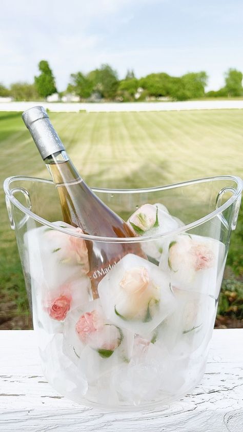 Flowers In Ice Bucket, Wine Bucket Flower Ice, Custom Ice Cubes Wedding, Champagne In Ice Bucket, Roses Ice Cubes, Roses In Ice Cubes, Flower Ice Cubes Champagne, Ice Wine Bucket, Floral Ice Cubes Diy