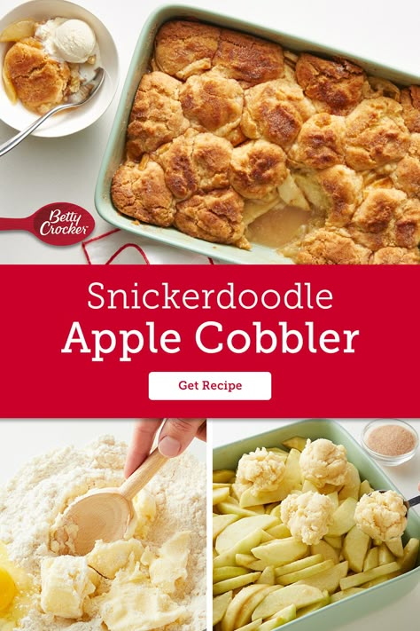 A cookie inspired cobbler? You've got it. We've combined everyone’s favorite cinnamon, sugar, and apple flavors to create an easy dessert. Pick up Betty Crocker sugar cookie mix, sliced apples, and a few other ingredients and we'll show you how it's done. Betty Crocker Snickerdoodle Apple Crisp, Snickerdoodle Apple Cobbler, Betty Crocker Sugar Cookie Mix, Betty Crocker Sugar Cookies, Sugar Cookie Mix, Betty Crocker Recipes, Apple Cobbler, Bug Collection, Cobbler Recipe