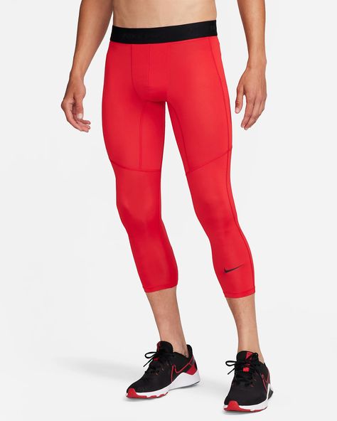 Nike Pro Men's Dri-FIT 3/4-Length Fitness Tights. Nike.com Nike Pro Collection, Trying Your Best, Red Black Style, Nike Pros, Nike Dri Fit, Dri Fit, Tights, Black And Red, University