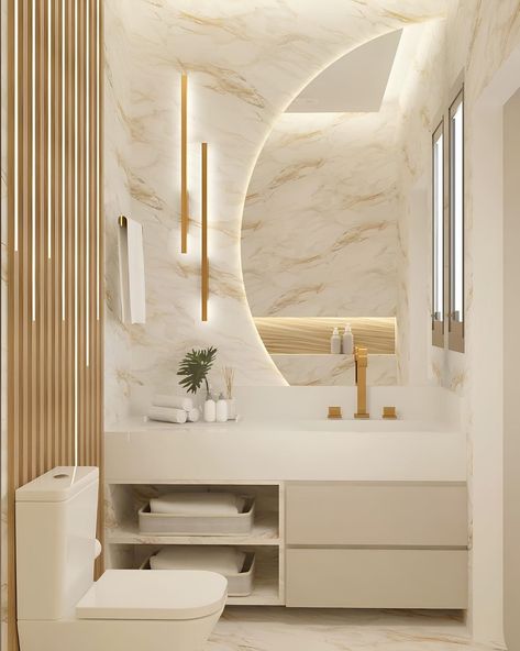 Condo Bathroom Ideas, Powder Room Ideas Elegant Modern, Luxury Powder Room Design, Modern Powder Room Design, White And Gold Bathroom, Elegant Powder Room, Luxury Powder Room, Bathroom Interior Design Luxury, Beige Bedroom Decor