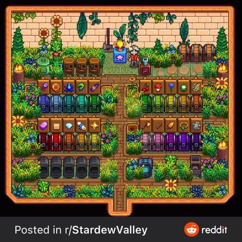 Stardew Valley Organization, Stardew Valley Furnace, Stardew Valley Design, Stardew Farm, Farm Storage, Stardew Farms, Stardew Valley Layout, Stardew Valley Tips, Stardew Valley Farms