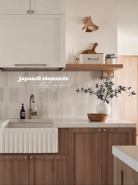 A twist of Japandi & Modern Farmhouse: Kitchen 🍜 | Gallery posted by cheryl | Lemon8 Kitchen Island Decor Japandi, Kitchen Ideas Japandi, Japandi Kitchen Backsplash, Japandi Kitchen Design Small Space, Japandi Kitchen Island, Modern Japandi Kitchen, Japandi Kitchen Ideas, Iceland House, Japanese Kitchen Design