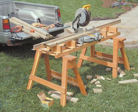 Portable Miter Saw Station | Woodsmith Plans - Portable, sturdy, adjustable, and accurate. This miter saw station has it all. Mitersaw Station, Saw Horse Table, Miter Saw Station, Japanese Woodworking Projects, Miter Saw Stand, Miter Saw Reviews, Saw Station, Woodsmith Plans, Mitre Saw Station