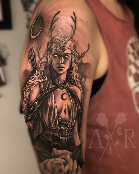 Angel Rose Fergerstrom on Instagram: “Artemis, goddess of the hunt. I am very happy with my recent progress towards creating depth in my tattoos. What do you guys…” Artemis Goddess Tattoo, Goddess Tattoo Ideas, Greek Goddess Tattoo, Apollo Tattoo, Artemis Tattoo, Aphrodite Tattoo, Athena Tattoo, Valkyrie Tattoo, Backpiece Tattoo