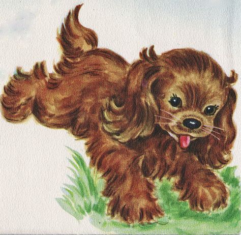 Vintage Cocker Spaniel Art, Retro Dog Illustration, Storybook Animals, Vintage Storybook, Spaniel Art, Puppy Art, Story Starters, Retro Graphics, Cocker Spaniels