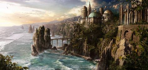 (Port Niamh) 25 Mind-Blowing Matte Painting Examples for your inspiration. Read full article: http://webneel.com/best-matte-painting-inspiration | more http://webneel.com/matte-painting | Follow us www.pinterest.com/webneel Elven City, Piano Playing, Heroic Fantasy, Level Design, Fantasy City, Fantasy Castle, Fantasy Setting, Fantasy Places, Matte Painting