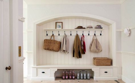 Mudroom Cabinetry, Hall Cupboard, Bench With Drawers, Entry Design, Mudroom Design, Long Hallway, Entryway Organization, Room Shelves, Modern Cottage