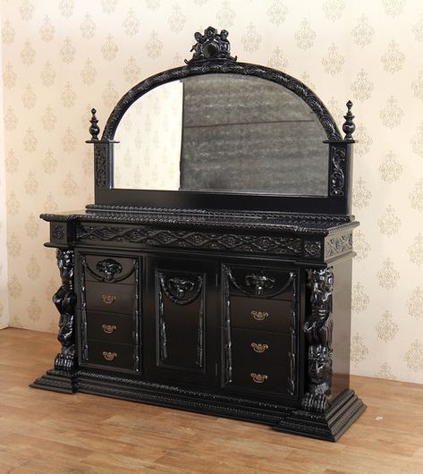 Black Neoclassical Gothic Dresser Chest w/ Mirror & Carved Figures Gothic Furniture Bedroom, Gothic Jewelry Organizer, Black Gothic Furniture, Gothic Black Dresser, Gothic Furniture Diy Dressers, Gothic Changing Table, Gothic Apartments, Victorian Gothic Furniture, Black Victorian Bedroom