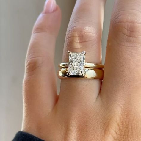 Radiant Ring Wedding Band, Radiant Engagement Ring And Band, Classic Wedding Ring Stack, Sophia Richie Wedding Ring, Radiant Wedding Ring Stack, Radiant Cut Wedding Stack, Chunky Wedding Ring Stack, Wedding Ring Stack Gold, Radiant Ring Stack