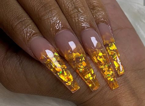 Orange Encapsulated Nails, Yellow Gold Nails Acrylic, Fall Encapsulated Nails, Yellow And Gold Nails, Yellow Glitter Nails, Chunky Glitter Nails, Gold Acrylic Nails, Encapsulated Nails, Yellow Nails Design