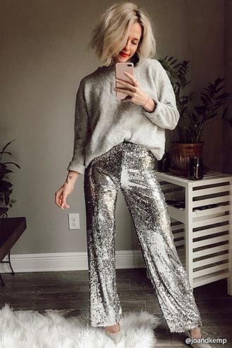 Silver Sequin Pants Outfits, Sparkle Pants Outfit, Silver Sequin Pants, Sequins Pants Outfit, Glitter Pants, Sequin Pant, Party Outfits For Women, Sequin Pants, New Years Outfit