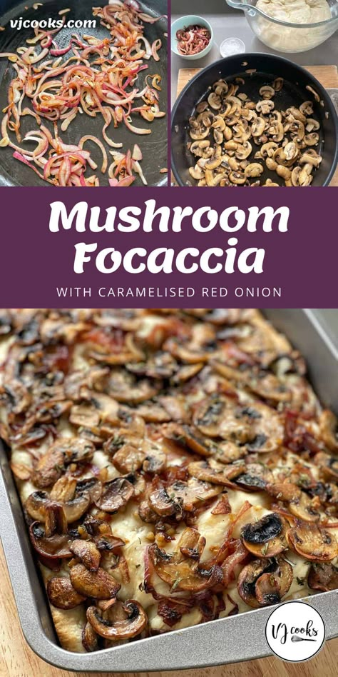 Mushroom Focaccia - VJ Cooks Foccacia Bread Mushroom, Mushroom Focaccia Bread, Whole Wheat Focaccia Bread Recipe, Mushroom Focaccia, Whole Wheat Focaccia, Foccacia Recipe, Vegetarian Party, Party Bread, Italian Appetizer