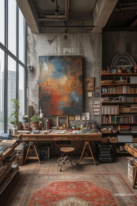 Industrial Art Studio, Bohemian Office Space, Art Studio Space, Art Studio Room, Artist Loft, Art Studio Design, Artistic Furniture, Dekor Diy, Art Studio At Home