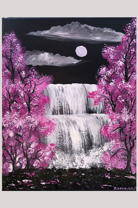 Pink Black And White Painting, Pink Blossom Tree Painting, Dark Pink Painting, Grey Landscape Painting, Pink Things To Paint On Canvas, Acrylic Cherry Blossom Painting, Grey Painting Ideas On Canvas, Fantasy Painting Ideas, Pink And Black Painting