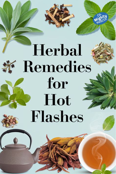 Herbal remedies for hot flashes displayed with fresh herbs, dried botanicals, cast iron teapot, and steaming herbal tea on light blue background featuring natural home remedies and health remedies Cooling Herbs, Herbalist Remedies, Remedies For Hot Flashes, Herbalist Recipes, Herbal Tea Recipes, Make Your Own Tea, Herbal Tea Remedies, Tea Blends Recipes, Tea Remedies