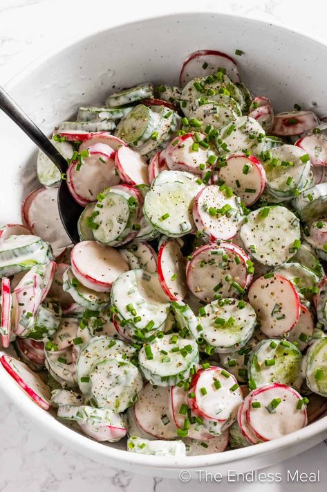 Cucumber Radish Salad, High Potassium Foods, Salad Cucumber, Radish Recipes, Roasted Radishes, Creamy Cucumber Salad, Beautiful Salad, Radish Salad, Creamy Cucumbers