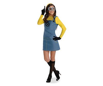 This women's Despicable Me Minion costume is an outfit that will be tons of fun to wear this Halloween. With a yellow shirt, a blue denim look overall dress, a pair of gloves, knees socks, a yellow headband and silver goggles, you'll look just like those cute, endearing minions. Perfect to wear to while trick or treating, at Halloween parties or for any other Halloween event. Costume Ideas For Teachers, Female Minion, Minions Costume, Minion Dress, Modest Halloween Costumes, Minion Costume, Minion Costumes, Ideas For Teachers, Yellow Costume