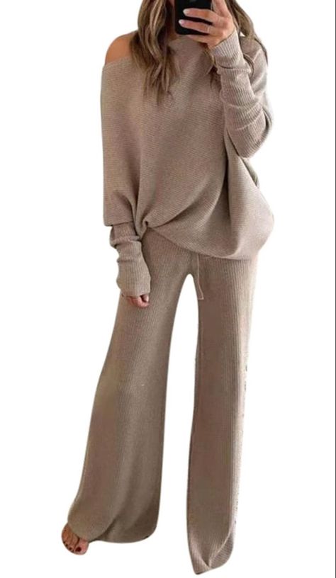 Women Knitted Outfits High Neck Sweater Wide Leg Pant Set 2 Pieces Sweatsuit Sweatsuit Outfits, Ribbed Loungewear, Wide Leg Pants Outfits, Knit Loungewear, Loungewear Outfits, Sweatsuit Set, Pullover Outfit, Oversized Knitted Sweaters, Pantalon Large