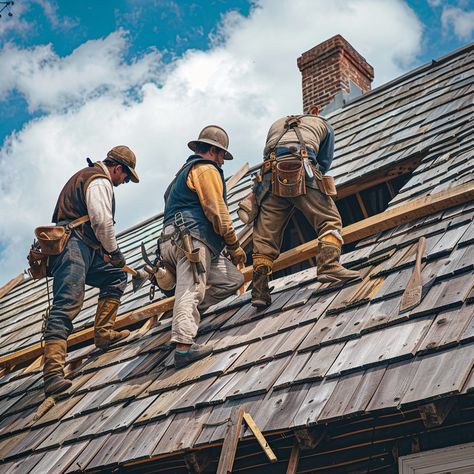 "Roofing Construction Work: Three #roofers engage in #roofwork, skillfully replacing #shingles on a #historicbuilding under a #clearskies. #construction #rooftop #workers #architecture #heritage #aiart #aiphoto #stockcake ⬇️ Download and 📝 Prompt 👉 https://stockcake.com/i/roofing-construction-work_953193_1134635" Roof Work, Historic Renovation, Suburban House, Residential Roofing, Roof Construction, Work Images, Construction Work, Clear Blue Sky, Construction Worker