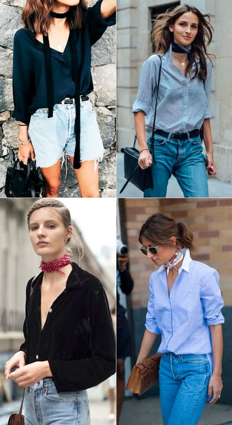 Here's The Skinny On Neck Scarfs Twilly Scarf Neck Outfit, Emily In Paris Neck Scarf, Silk Scarf With Collared Shirt, Neck Scarf Summer Outfit, Neck Covering Outfits, Small Neck Scarf Outfit, Silk Scarf Summer Outfit, Neck Handkerchief Outfit, Women Neck Scarf Outfit