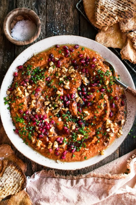 Roasted Red Pepper & Walnut Dip (Muhammara) - The Original Dish Roasted Red Pepper And Walnut Dip, Red Pepper Walnut Dip, Roasted Red Pepper Recipes, Dip Photography, Roasted Pepper Dip, Christmas Breads, Walnut Dip, The Original Dish, Roasted Red Pepper Dip