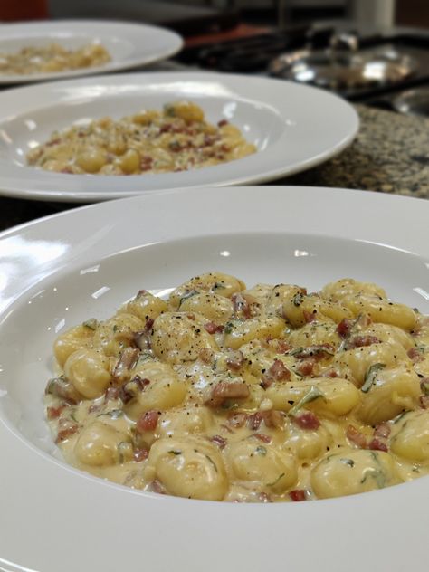 Gnocchi with Pancetta and Sage Cream Sauce - Manny's Choice Pure Italian & European Foods Gnocchi And Cream Sauce, Best Gnocchi Sauce, Pancetta Cream Sauce, Panchetta Recipes Pasta, Cream Sage Sauce, Fancy Italian Food, Gnocchi With Cream Sauce, Gnocchi Pancetta Recipes, Gnocchi And Pancetta Recipes