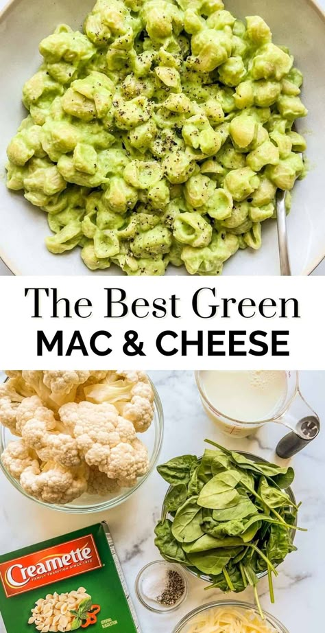 This fun and tasty green mac and cheese will be a hit with the whole family! Mac And Cheese Recipe Veggie, Spinach Cauliflower Mac And Cheese, Green Macaroni And Cheese, Blw Mac And Cheese, Green Mac N Cheese, Healthy Max And Cheese, Healthy Mac And Cheese For Kids, Mac And Cheese With Vegetables, Kids Hidden Veggie Meals