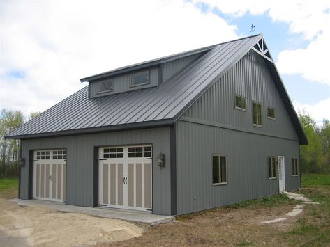 A 48' 0" x 32' 0" x 11' 0" cabin with a Charcoal Gray roof, Light Gray siding and Charcoal Gray trim. For Rick and Lucy in Algoma, WI (2007168300). Charcoal And Black Metal Building, Grey And Black Metal Building, Charcoal Metal Roof, Ash Gray Metal Roof, Charcoal Gray Metal Building, Barn Door Garage, Gray Pole Barn With Black Doors, Cleary Buildings, Barn Door Hinges