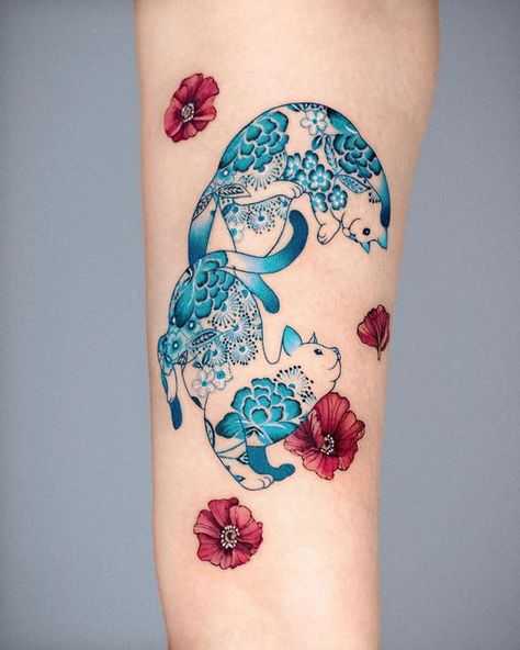 Korean Cat Tattoo, Playful Cat Tattoo, Cherry Blossom Cat Tattoo, Cat Tattoo Japanese, Blue Cat Tattoo, Cat And Flower Tattoo, Flower Cat Tattoo, Calico Cat Tattoo, Back Tattoo Cover Up Ideas